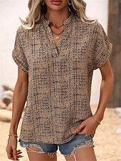 billige Boho t-skjorte-Dame T skjorte Geometrisk Mote Moderne Fritid Kortermet Hals med hakk Vanlige topper Daglig Helg Trykt mønster Hvit Kakifarget Sommer Vår