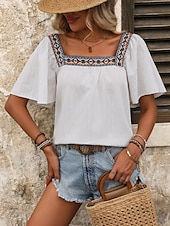 abordables Hauts de Vacances pour Femmes-Femme Chemise Chemisier Couleur unie mode Décontractées Manche Courte Col Carré Hauts réguliers du quotidien A Volants Patchwork Brodée Noir Blanche Eté Printemps