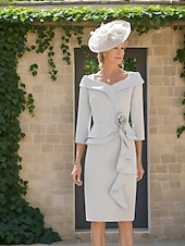 abordables Avec veste-Ensembles de Robes Robe de Mère de la Mariée Robe Formelle Invité Mariage Élégante Vintage Simple Encolure en V Longueur Thé Tissu Élastique Manches 3/4 avec Volants Cascadants Fleur Robe Derby Robe