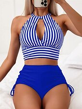 billiga Bikinis-Dam Badkläder Bikini Pojkeben Baddräkt Öppen rygg Snörning Hög midja Smal Semester Standkläder Randig Halterneck Ärmlös Baddräkter