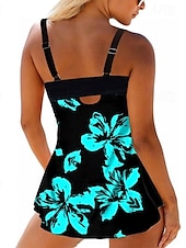 billige Swimdresses-Dame Store størrelser Badetøy Tankini 2 stk Badedrakt Badedrakt 2 deler Høst Blomstret Blomster Med stropper Ermeløs Badedrakter