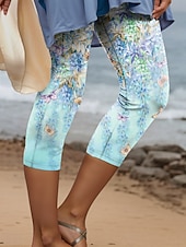 זול הדפס פרחים-גטונים לנשים מכנסי קפרי אופנה רחוב באורך מלא עם מותן גבוהה הדפסה פרחונית תרמית חמה נושמת רכה מיקרו-אלסטית חוץ יומי כחול סתיו חורף מתאים רגיל