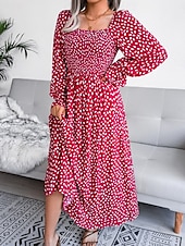 abordables Robe de la laitière-Femme Robe Maxi Robe Maxi Robe de laitière Robe smockée Soirée Hawaïen mode Vacances Travail du quotidien Standard Pois manche longue Col Carré Jaune Rose Claire Printemps Automne
