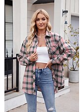 cheap Women&#039;s Graphic Tops-Women&#039;s Shirt Boho Shirt Dressy Tops Plaid Casual Boho Long Sleeve Bishop Sleeve V Neck Long Tops Work Daily Going out Pink Dusty Blue Purple Khaki Dark Gray Spring Fall
