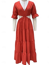 preiswerte abendkleider-Damen Maxidress abendkleider A Linie Kleid Elegant Stilvoll Brautkleider schlicht Ausgestellter Ärmel Party Verabredung Regular Fit Glatt Langarm V Ausschnitt Rote Blau Frühling Herbst Winter