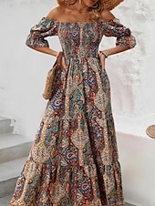 levne Boho šaty-Dámské Dlouhé šaty Maxi šaty Áčkové šaty Letní šaty Boho šaty Elegantní Čechy stylové Dovolená Denní Rande Běžný Grafika Krátký rukáv Pod rameny Oranžová Trávová zelená Tmavomodrá Léto