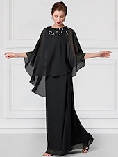 economico Lunghezza del pavimento-Abito per la madre della sposa blu a colonna matrimonio elegante lungo fino al pavimento in chiffon pizzo maniche corte wrap incluso con pizzo di colore solido