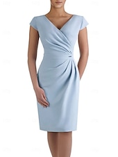 cheap Tea Length-Sheath Mother of the Bride Dress Wedding Guest Elegant V Neck Knee Length Stretch Fabric Short Sleeve with Ruched free custom size
