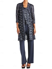 economico Tailleur pantalone della mamma-Tuta  Completo Mamma della Sposa Elegante Semplice Scollo a Gioiello Lunghezza Totale Chiffon Applicazione di Pizzo Sequins Manica 3/4 con Giacca con Bordo a Scallop Colore Unito 2025