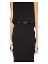 abordables NOIR-Robe de soirée deux pièces sirène  trompette élégante soirée gala cravate noire longueur complète sans manches col ras du cou mélange de coton sans dos avec fente et frange