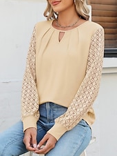 economico Top in Pizzo-Per donna maglietta Liscio Di tendenza Moderno Informale Manica lunga Girocollo Top regolari Giornaliero Fine settimana Pizzo Collage Nero Beige Estate Primavera