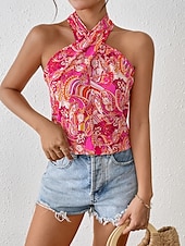 billige Tanks og camisole til kvinner-Dame Top Camisole Tank Top Paisley Stilren Casual Ermeløs Halter Neck Vanlige Topper Daglig Trykk Fuchsia Sommer