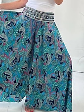 abordables pierna ancha y cintura alta-Mujer Perneras anchas Chinos Vacaciones Hawaiano Longitud total Alta cintura Cachemir Cintura elástica Estampado Confortable Suave Cómodo Microelástico Exterior Calle Rojo Verde Trébol Verano