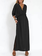 voordelige T-shirt-jurken-Dames Maxi-jurk Casual jurk A lijn jurk Stijlvol Basic Casual Vakantie Dagelijks Normale pasvorm Effen Halve mouw V-hals Zwart Leger Groen Zomer Lente