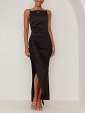 abordables Vestidos de fiesta-Mujer Vestido maxi Vestido de Fiesta Vestido de raso Elegante Sensual Formal Fiesta Invitado a la boda Pedida Ajuste regular Plano Sin Mangas Cuello Barco Negro Rosa Azul Piscina Verde Trébol Verano
