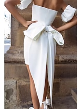 cheap Little White Dresses-Bachelorette Party Little White Dresses Boho Wedding Dresses Sheath / Column Off Shoulder Sleeveless Short / Mini Jersey Bridal Suits Bridal Gowns With Bow(s) Solid Color