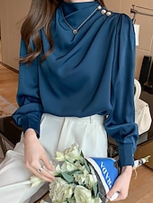 olcso Öltözetes felsők-Női Ing elegáns Elegáns Szatén Tömör szín Üzlet Modern Alkalmi Hosszú ujj Körgallér Normál felsők Munka Ünnepi viselet Gombok Fehér Medence Nyár Tavasz