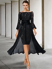 ieftine Seturi de rochii pentru mama-Rochie în două piese Fustă pentru mama miresei Invitat la nuntă Elegantă Rochie de petrecere pe umeri Lungime până la genunchi Chiffon Dantelă Mătase imitată Mâneci 3/4 cu fundițe 2025 mărime