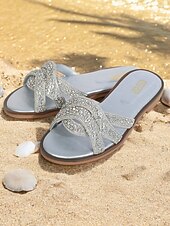olcso Nyári szandálok-női bohém strasszkő lapos szandál – csillogó, felcsúsztatható strandcsúszdák keresztezett pántokkal nyári és hétköznapi viselethez