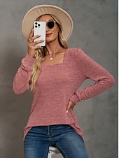 abordables Tops Sencillos para Mujeres-Mujer Sayo Remera de algodón Plano Bohemia Elegante Básico Manga Larga Manga Farol Escote Cuadrado Tops regulares Diario Deportes Noche Negro Rosa Morado Verde Trébol Caqui Primavera Otoño