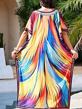 preiswerte Kaftane-Damen Badeanzug Zudecken Schwimm-Kleid Bademode Patchwork Urlaub Strandbekleidung Graphic V Ausschnitt Langarm Badeanzüge