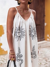 tanie Wakacyjne sukienki-Damskie Sukienka maxi Codzienne sukienki Sukienka A line Elegancja Elegancki Codzienny Urlop Codzienny Plaża Luźna Graficzny Bez rękawów Pasek Biały Jasnoniebieski Lato Wiosna