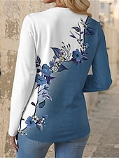 preiswerte Blumen-T-Shirt-Damen T-Shirt Rundhals Langarm Tunika Florales Grafik Lässig Reguläre Oberteile Täglicher Druck Blau Frühling Herbst