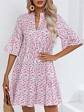preiswerte Druck Blumen Kleider-Damen Minikleid Casual kleid Boho Chic Kleider A Linie Kleid Boho-Kleid Böhmen Vintage Urlaub Täglich Regular Fit Blumen 3/4 Ärmel Gekerbter Hals Rosa Blau Sommer