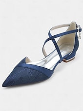 abordables Occasionnel-chaussures à talons bas en satin bleu marine avec brides croisées et superposition de dentelle pour événements formels et mariages pour femmes