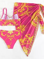 voordelige 3-delige bikiniset-Dames Zwemkleding Bikini 2 stuks Rok Zwempak Blote rug Slank Vakantie Strand Kleding Bloemig Halternek Mouwloos Badpakken