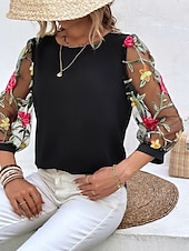 Damskie Koszula Bluzka Kwiaty Elegancki Codzienny Rękaw 3/4 Półgolf Zwykłe topy Codzienny Siateczka Haft Nadruk Czarny Granatowy Lato Wiosna tanie Eleganckie topy-Damskie Koszula Bluzka Kwiaty Elegancki Codzienny Rękaw 3/4 Półgolf Zwykłe topy Codzienny Siateczka Haft Nadruk Czarny Granatowy Lato Wiosna