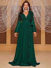 cheap GREEN-A-Line Evening Gown Elegant Dress Formal Wedding Floor Length Long Sleeve V Neck Chiffon with Ruffles Shouder Flower