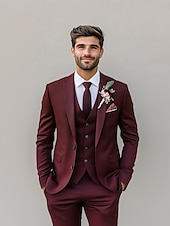 abordables Trajes de boda-Trajes de boda para hombres negro burdeos verano color sólido estándar de 3 piezas de un solo boton