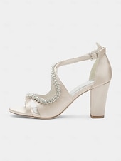 cheap Heeled Sandals-Women's Teal Satin Rhinestone Heeled Sandals – Strappy Cocktail Party Shoes with Block Heels for Weddings &amp; Evening Events