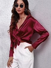 economico Top eleganti-Per donna Camicia Elegant Elegante Raso/Satin Tinta unica Affari Moderno Casual Manica Lunga Colletto a Camicia Top Regolari Lavoro Abbigliamento Formale Bottoni Giallo Rosa Vino Blu Verde Estate