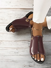 preiswerte Flache Sandalen-braune offene Sandalen aus Kunstleder für Damen – lässige Slingback-Flats mit Strass-Schnalle für den Sommer &amp; den Alltag