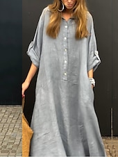 cheap Dresses-Women&#039;s Maxi Dress Cotton Linen Dresses Casual Dress Basic Casual Vacation Daily Regular Fit Plain Long Sleeve Shirt Collar Pink Green Gray Spring Fall