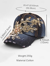 abordables Chapeaux pour femmes-casquette de baseball en denim à imprimé floral pour femme avec détails en strass et perles – chapeau décontracté tendance pour l&#039;extérieur, le quotidien et l&#039;été