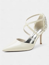 cheap Formal-Glamorous Burgundy Wedding Heels for Women - Patent Leather Stilettos with Rhinestone Floral Embellishments, Perfect for Bridal and Formal Occasions