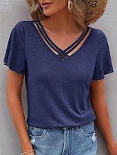 abordables T-shirt uni-Femme T shirt Plein Mode Moderne Décontractées Manche Courte Col V Hauts réguliers du quotidien Fin de semaine Noir Vert Véronèse bleu marine Violet Eté Printemps