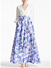 economico FLORALI-A-line Abito da Sera Abito Ad Alta Fessura Matrimonio in Spiaggia Formale Ospite di Matrimonio Lunghezza Piena Maniche Lunghe Scollo a V Cintura  Nastro Satin con Stampa Floreale Fessura Abito Derby