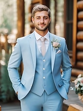economico Abiti da matrimonio-Completi da matrimonio estivi da uomo in cielo blu sagomato a tinta unita a 3 pezzi con abbottonatura singola a due bottoni