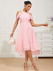 voordelige Feestjurken-Dames Halflange jurk Chiffon jurk Elegant Formeel Flutter mouw Bruiloft gast Cocktailparty Normale pasvorm 3/4 mouw Halternek Blozend Roze Zomer Lente