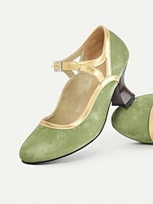 voordelige Mary Jane Pumps-Groene en gouden vintage Mary Jane-hakken voor dames uit de jaren 30 met gesp met strass-steentjes, comfortabele middelhoge hak, perfect voor formele evenementen en retro-themafeesten