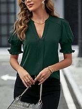 preiswerte Einfache Blusen-Damen Hemd Bluse Einfarbig Stilvoll Lässig Kurzarm Langarm V Ausschnitt Normale Oberteile Täglich Arbeit Ferien Schwarz Weiß Pudriges Rosa Orange Grün Sommer Frühling
