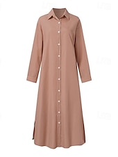 cheap Dresses-Women&#039;s Long Dress Maxi Dress Linen-Inspired Dresses Shirt Dress Casual Dress Cotton Linen Dress Stylish Casual Vacation Daily Date Regular Fit Plain Long Sleeve Lapel Pink Navy Blue Brown Summer