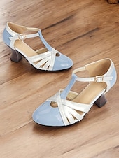 voordelige jaren 30-dameslavendel en zilveren t-band pumps met hak, uitsparingen en middelhoge hak voor elegante dansfeesten en formele gelegenheden
