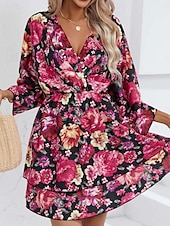voordelige Casual bloemenjurken-Dames Mini-jurk Casual jurk A lijn jurk Stijlvol Casual Vakantie Dagelijks Normale pasvorm Bloemig 3/4 mouw V-hals Zwart Rood Zomer Lente
