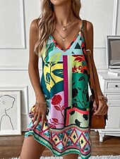 ieftine Tipăriți rochii florale-Pentru femei Rochie Mini Rochie de vară Rochie Boho Rochie cami Stilat Boho Vacanță Zilnic Dată Fit regulat Geometric Bloc Culoare Fără manșon În V Mov Portocaliu Trifoi Vară
