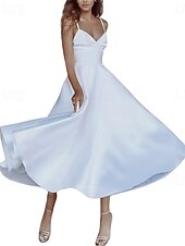 economico Abiti bianchi-Abiti bianchi per fidanzamento o laurea abiti da matrimonio A-Line spalline sottili senza maniche lunghezza alla caviglia abiti da sposa in raso con arricciature